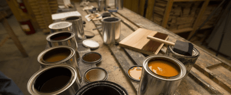 paint buckets of wood stains
